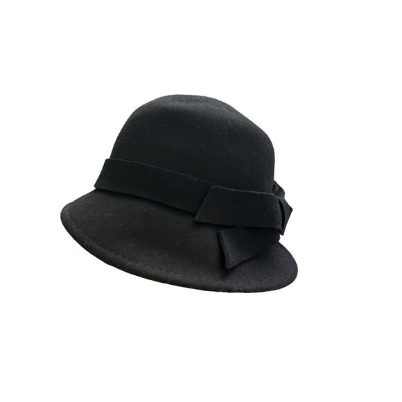 Kate Landry Womans Cloche Hat Black Boho Bow Accent 100% Wool Retro - Picture 4 of 9